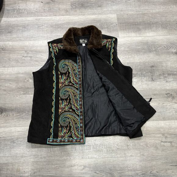 BOB MACKIE Wearable Art Black Embroidered Fleece Vest Faux Fur Collar Size XL - Picture 3 of 7